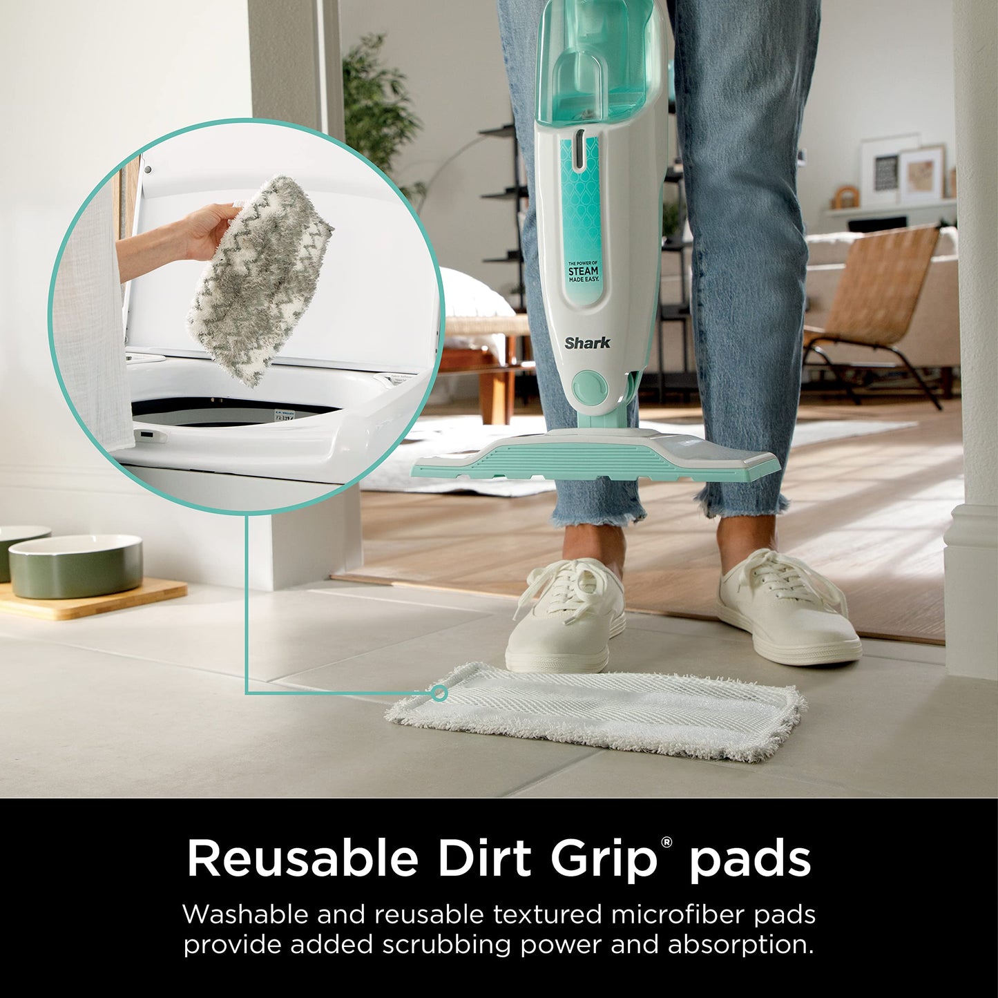 Shark Steam Mop with 2 Machine Washable Dirt Grip Pads, Removable Water Tank, Lightweight, Steam Cleaner for sealed Hard Floors, Marble, Stone, Hardwood, Tile, Laminate, White/Seafoam, S1000