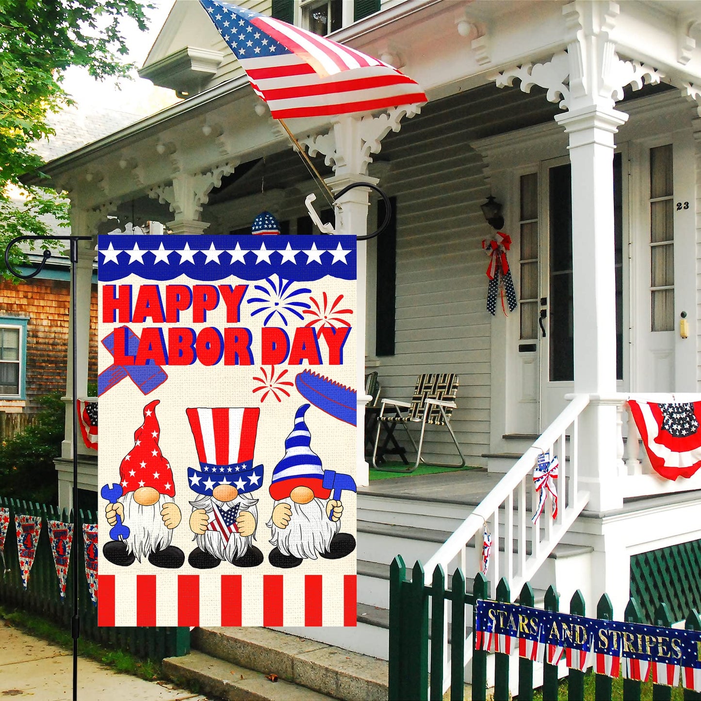 Louise Maelys Happy Labor Day Garden Flag 12x18 Double Sided Vertical, Burlap Small Gnome Garden Yard House USA Flags Banner Outdoor Outside Labor Day Decoration (ONLY FLAG)