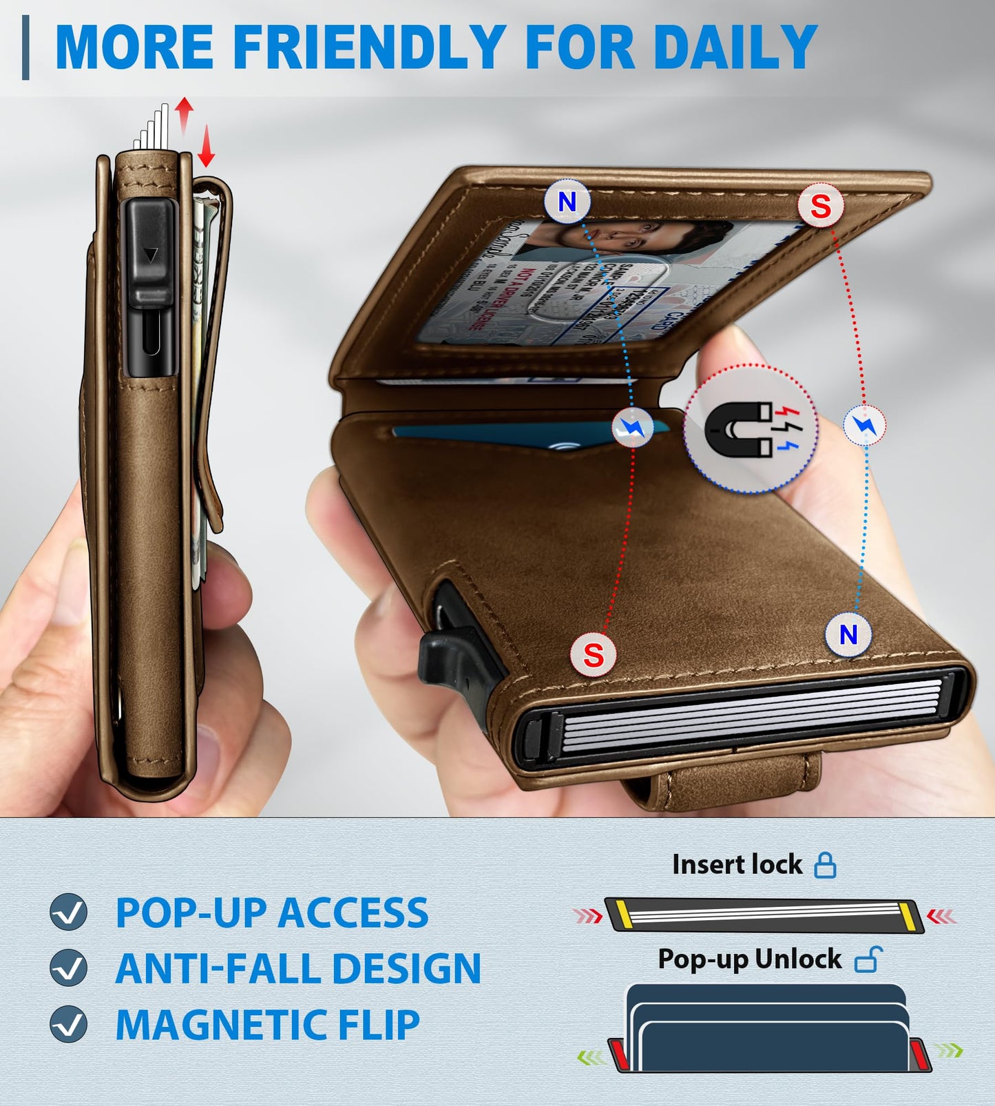 miyozi Airtag Wallet for Men,with Money Clip Gift Boxed,Slim Front Pocket Wallet RFID Blocking Metal Case Smart Pop-up Credit Card Holder in Magnetic Leather Flip