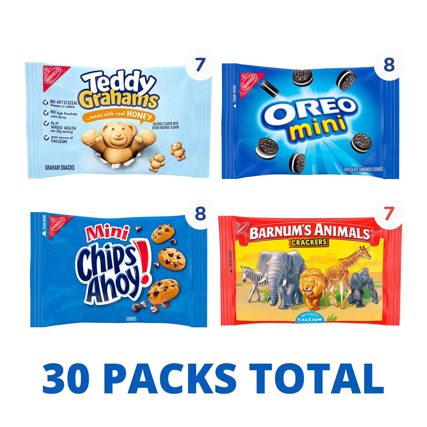 Nabisco Team Favorites Variety Pack, OREO Mini, CHIPS AHOY! Mini, Teddy Grahams Honey & Barnum's Animal Crackers, School Snacks, 30 Snack Packs