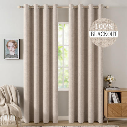 MIULEE 90 Inches Linen Textured Curtains for Bedroom 100% Blackout Thermal Insulated Natural Beige Grommet Room Darkening Curtains & Drapes Luxury Decor for Living Room Nursery 52 x 90 Inch (2 Panels)