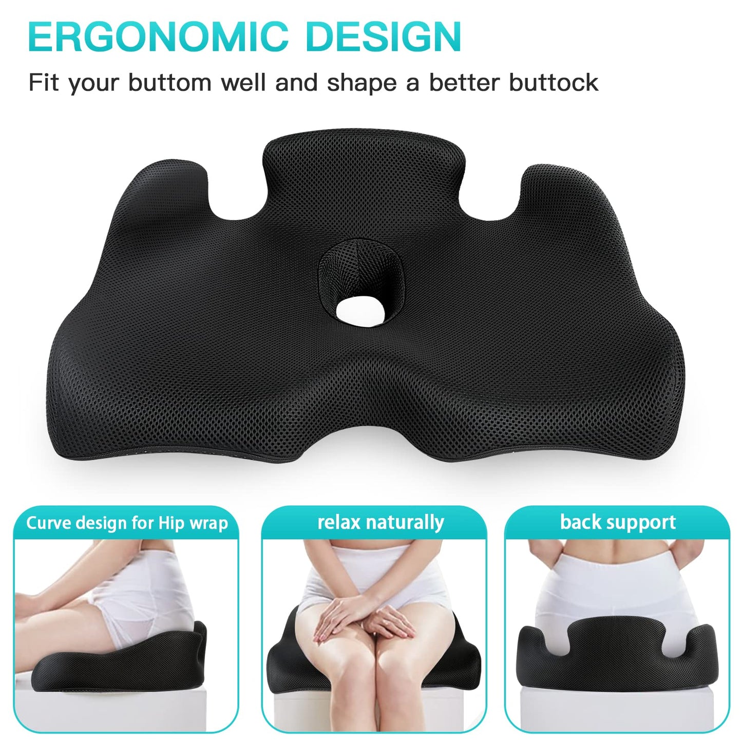 Benazcap X Large Memory Seat Cushion for Office Chair Pressure Relief Sciatica & Tailbone Pain Relief Memory Foam Firm Coccyx Pad for Long Sitting, for Office Chair, Gaming Chair and Car Seat Upgrade