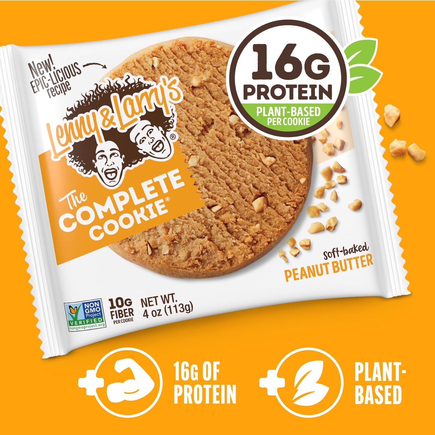 Lenny & Larry's Protein Cookie, [Peanut Butter], Chewy Soft Baked, 16g Plant Protein, Vegan, Non-GMO, High Fiber, 4 Ounce Cookie (Pack of 12)