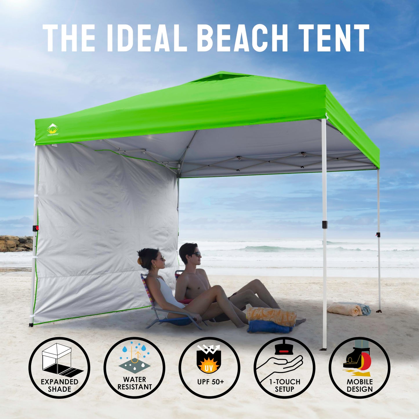 CROWN SHADES 10x10 Pop Up Canopy with 1 Side Wall - Beach Tent with One Push Setup - Outdoor Sun Shade for Events, Parties, Camping - Gazebo with STO-N-Go Cover Bag (Green)