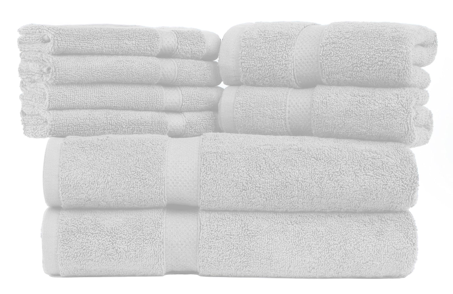 ZAPPLE luxury 8 piece towel set, 100% pure cotton, 2 bath towels, 2 hand towels, 4 washcloths 600 gsm ultra absorbant, White, for bathrooms, kitchen, hotels, gym and home use