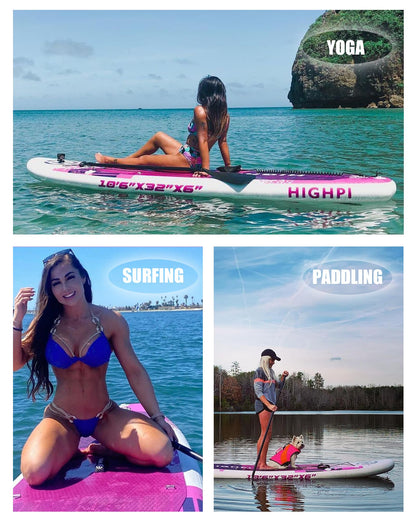 Highpi Inflatable Stand Up Paddle Boards, 10'6''x32''x6'' SUP with Accessories Backpack Anti-Slip Deck, Leash, Paddle and Hand Pump, Pink Paddle Board Standing Boat for Youth & Adult