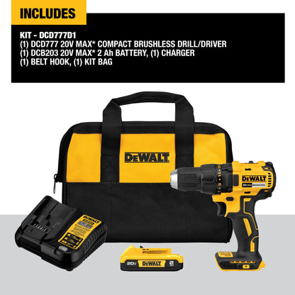 DEWALT 20V MAX Cordless Drill Driver, 1/2 Inch, 2 Speed, XR 2.0 Ah Battery and Charger Included (DCD777D1)