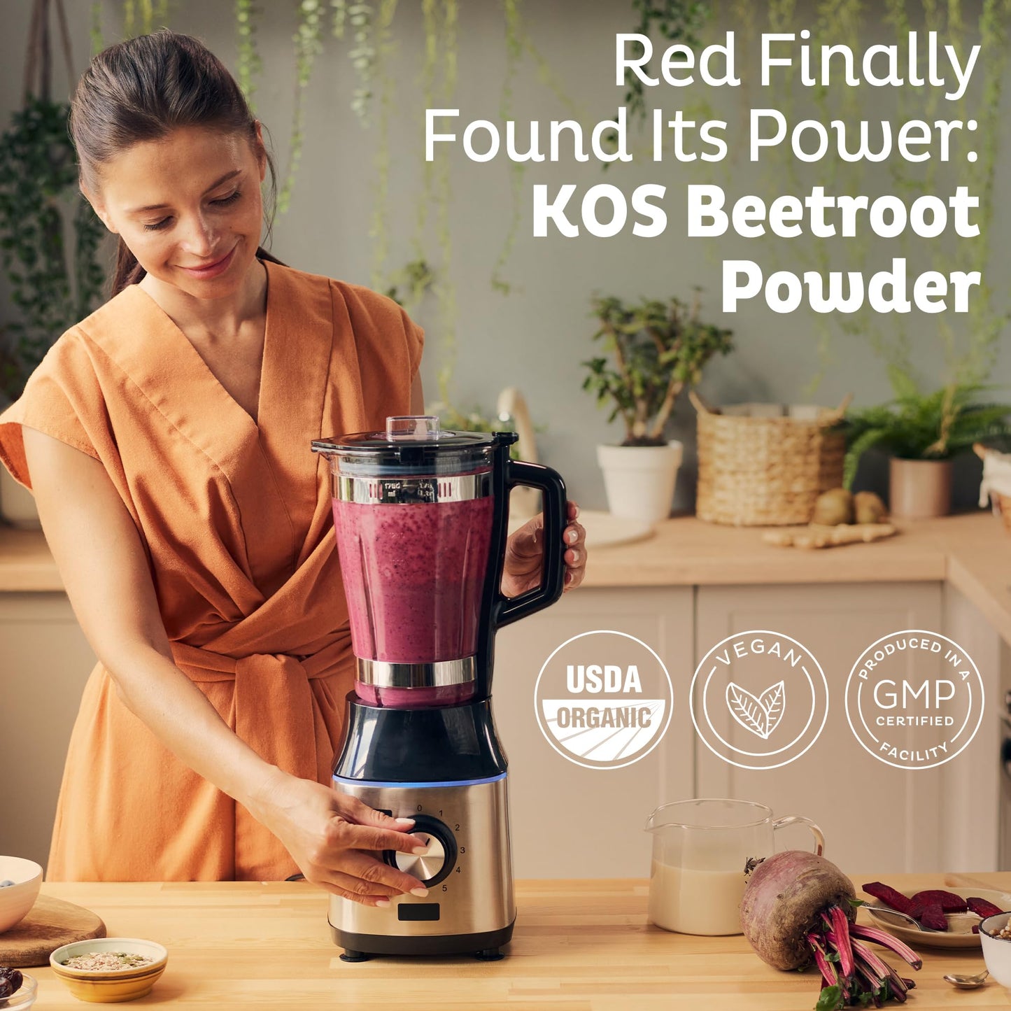 KOS Organic Beet Root Powder, USDA Organic - Natural Nitric Oxide Booster, Superfood Plant Based Beetroot Antioxidant, Supports Active Lifestyle & Healthy Circulation, Soy & Gluten-Free - 90 Servings