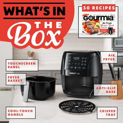 Gourmia Air Fryer - 6 Qt Large Capacity, FryForce 360º, Digital Display with 12 Presets, Roast, Bake, Broil, Dehydrate, Dishwasher Safe Accessories, Black