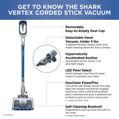 Shark | Corded Stick Vacuum Cleaner | Vertex Ultralight | Removable Handheld Vacuum | Pet Hair Vacuum for Carpet and Hard Floor | Powerful Suction | No Hair Wrap | 3 Attachments Included | HZ2002