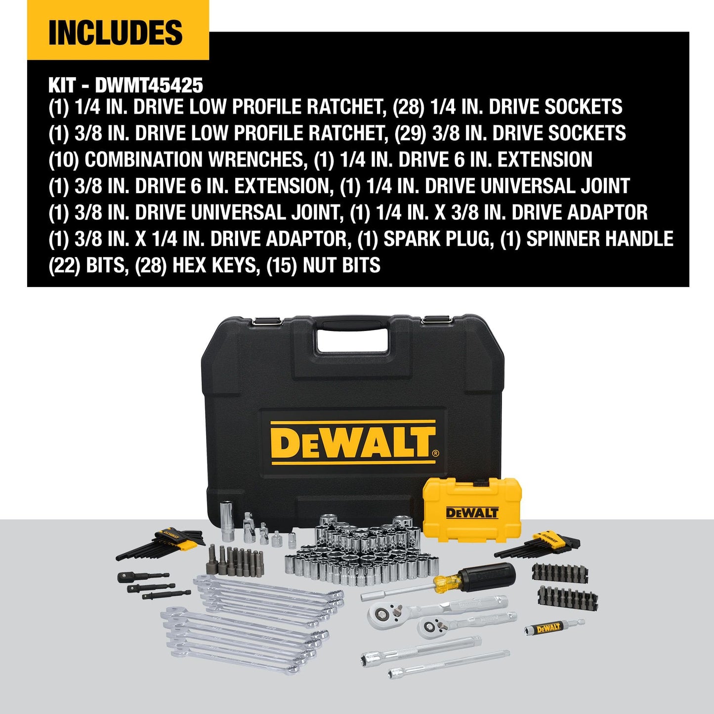 DEWALT 142 Piece Mechanics Tool Set, 1/4 Inch and 3/8 Inch Drive, SAE and Metric (DWMT45425)
