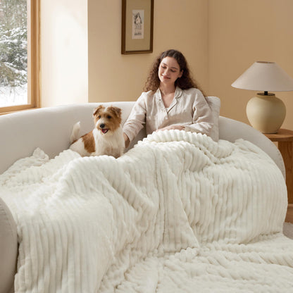 Bedsure Queen Comforter Set - GentleSoft™ 3 Pieces Fluffy Double-Side Fleece Comforter Set, Cozy Striped Room Decor Aesthetic, Luxury White Bedding Queen Size with 2 Pillowcases, 90x90 Inches
