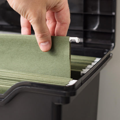 IRIS USA File Box with Lid File Organizer for Letter File w/ Organizer-Lid, Plastic Mobile Filing Organizer, Water Resistant Document Box, Portable File Box with Handle, Secure Buckle, Lockable, Black