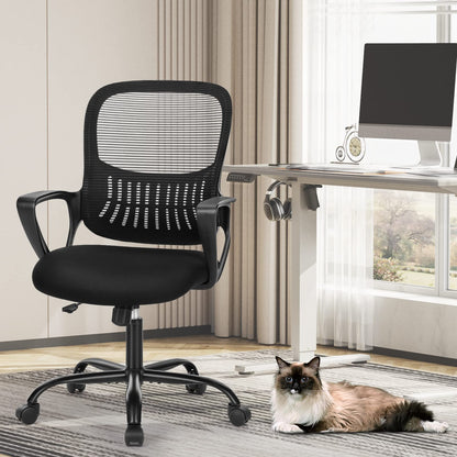 Sweetcrispy Home Office Computer Desk Chair, Managerial Executive Ergonomic Mid-Back Mesh Rolling Swivel Chair with Wheels, Comfortable Lumbar Support, Comfy Arms for Bedroom, Study, Student, Black