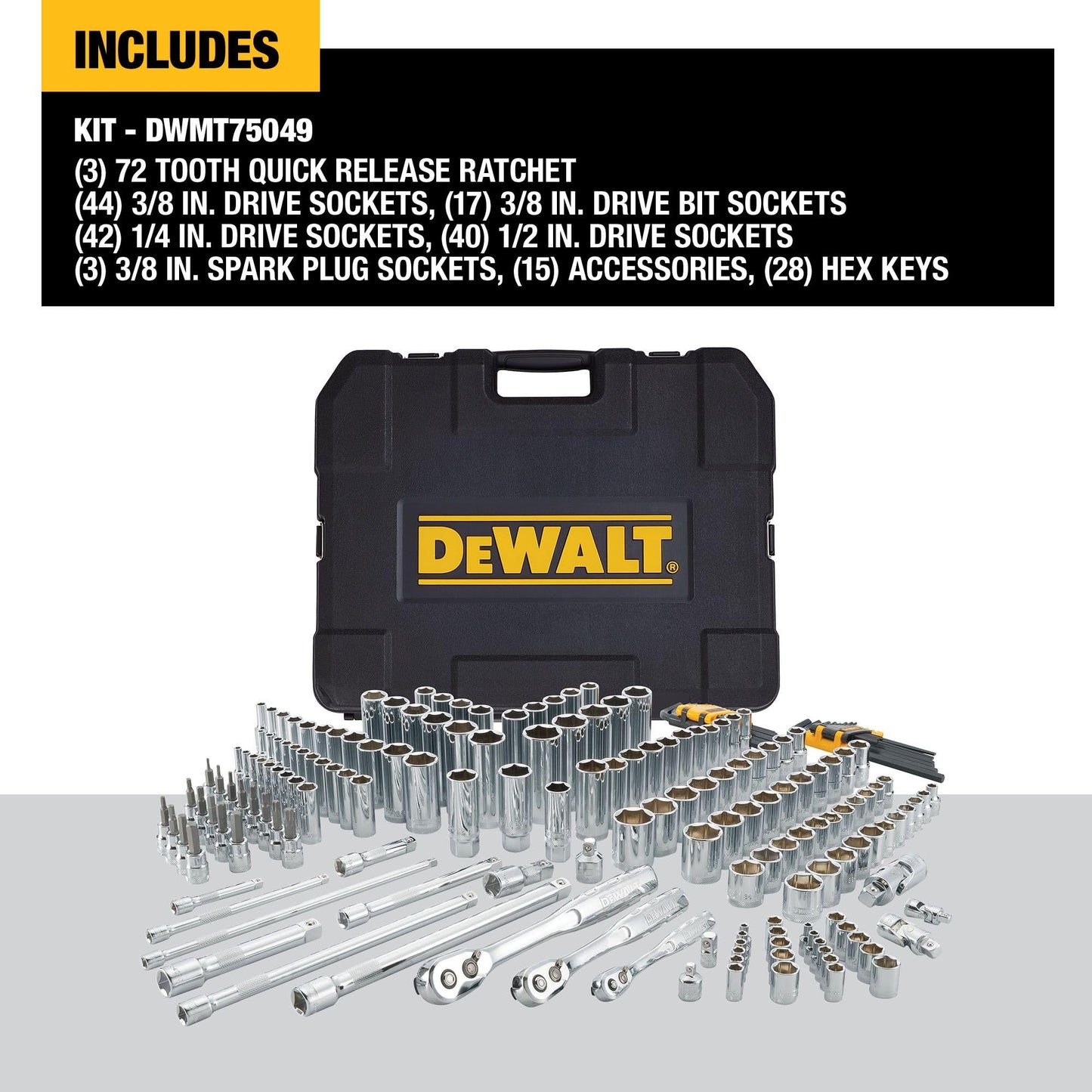 DEWALT 192 Pcs. Mechanics Tool Set, 1/2, 1/4, 3/8 Socket Set, SAE and Metric Socket Wrench Set, Hard Shell Tool Box (DWMT75049)