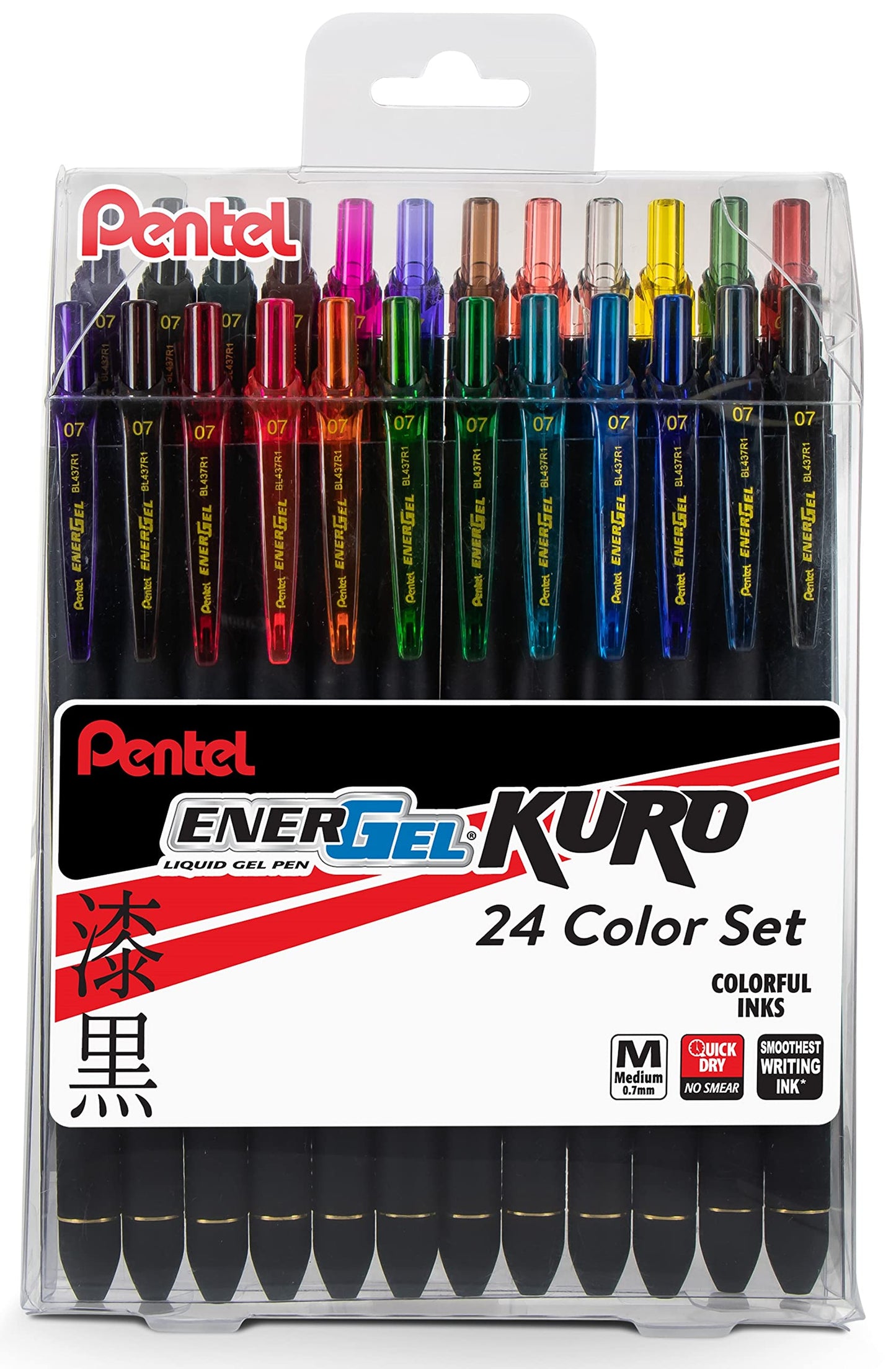 EnerGel Kuro Liquid Gel Pen, (0.7mm) Medium line, Assorted Ink, 24-pk