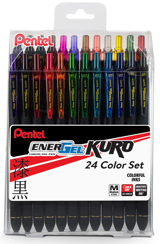 EnerGel Kuro Liquid Gel Pen, (0.7mm) Medium line, Assorted Ink, 24-pk