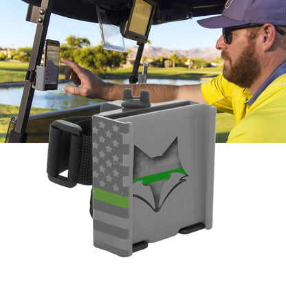 DESERT FOX GOLF Phone Caddy – American Flag Golf Cart Phone Holder – Secure Velcro Mount, One-Hand Access, Universal Fit, Patriotic Golf Accessories (Green Line)