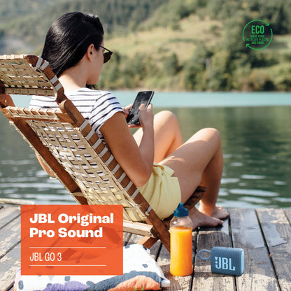 JBL Go 3 Eco - Portable Mini Bluetooth Speaker, big audio and punchy bass, IP67 waterproof and dustproof, 5 hours of playtime, Made in part with recycled materials (Eco Blue)