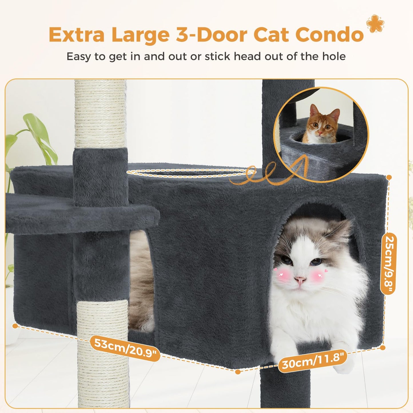 PAWZ Road Large Cat Tree, 72 Inches Cat Tower for Large Cats, Cat Condo with Sisal-Covered Scratching Posts and Pads, 2 Padded Perch, Dual Condo and Basket for Indoor Cats-Dark Gray