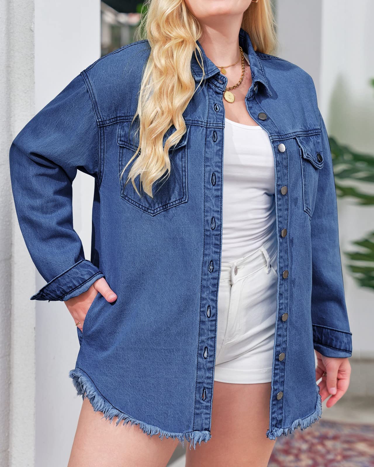 Vetinee Women's Womens Clothes Oversized Boyfriend Nightfall Blue Front Button Up Frayed Raw Hem Long Sleeve Pockets Denim Jean Jacket Shacket X-Large Size 16 Size 18