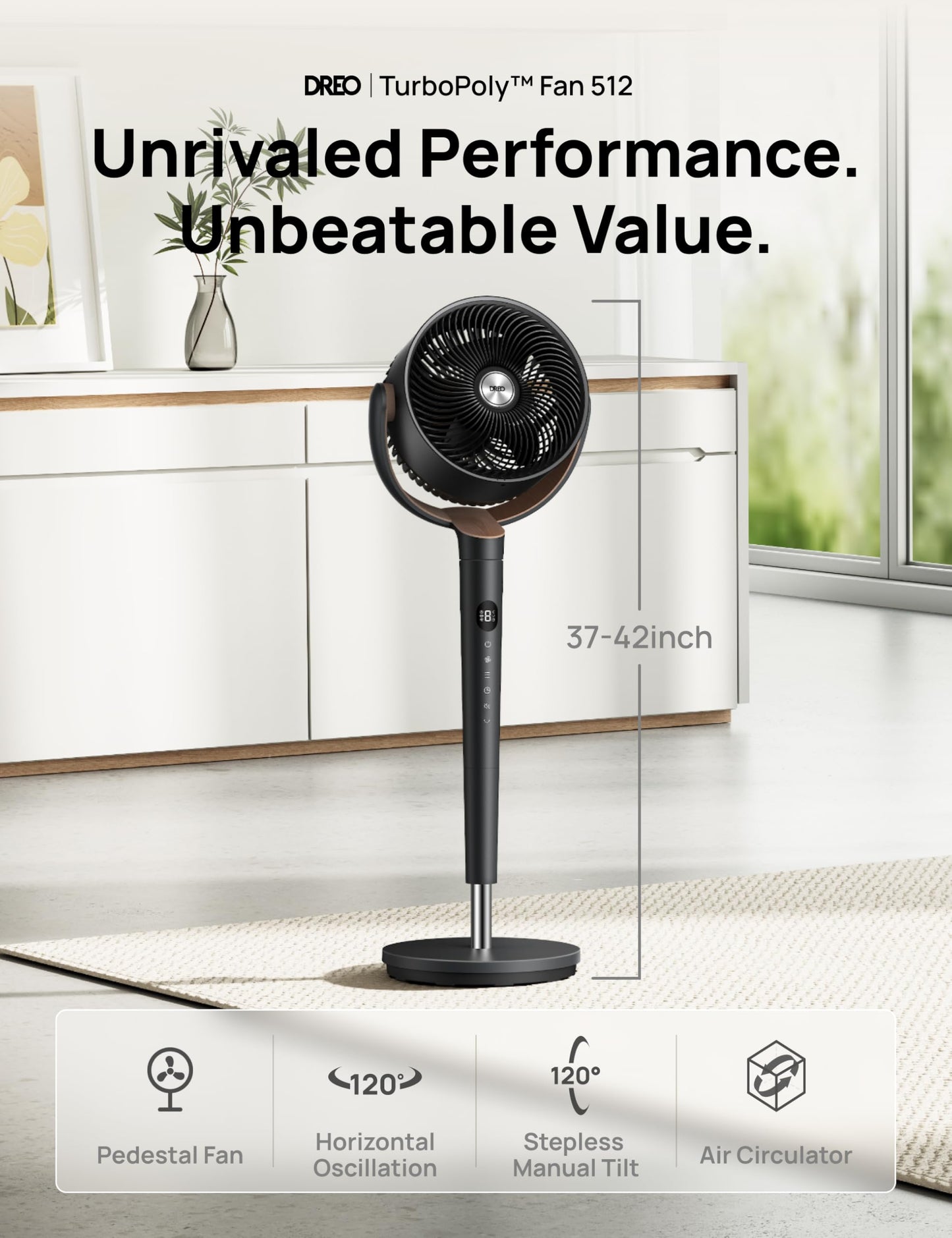 Dreo Fan for Bedroom, 120° Oscillating Standing Fan, Quiet Floor Fan with DC Motor, Pedestal Fan for Room, 9 Speeds, 4 modes, 20dB, 120° Manual Vertical, 37-42" Adjustable Height, 9H Timer, Black