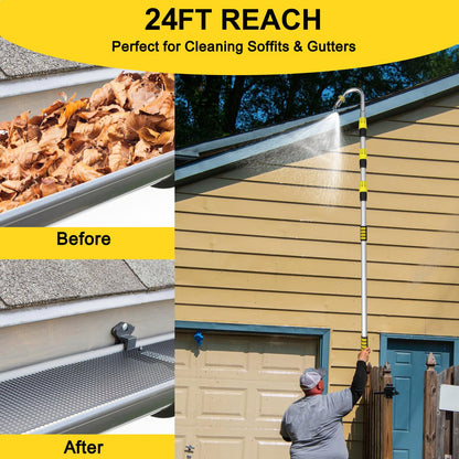 SISUPASSIE 24FT Reach Gutter Cleaning Tools from Ground, Telescopic Rain Gutter Cleaners Tool with Quick Connect Adapter and Heavy Duty Wand for 2nd Story House