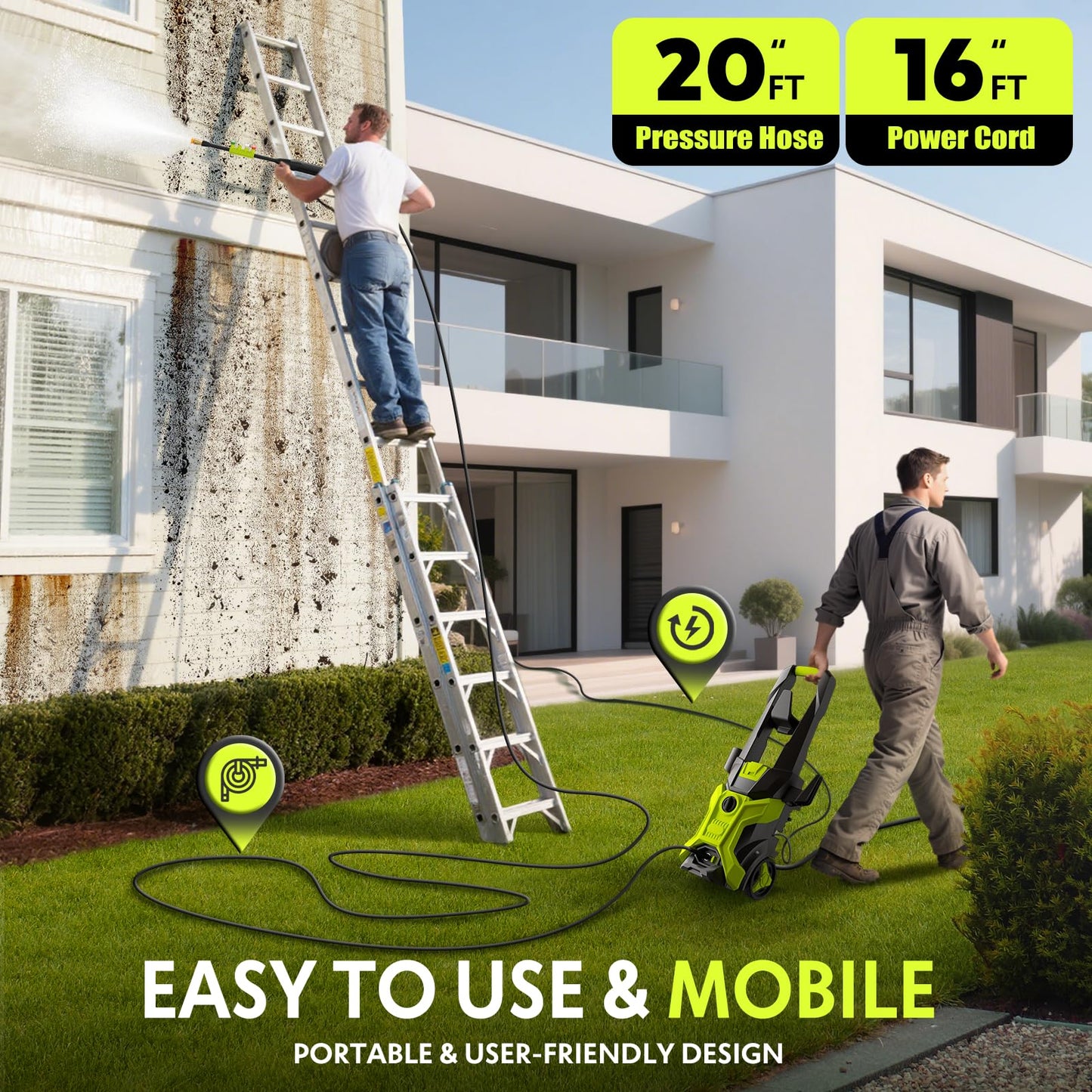 Electric Pressure Washer - 2.5 GPM Portable Lightweight Power Washer, 4 Quick-Connect Nozzles & Adjustable Soap Tank Pressure Washers for Cars, Driveways, Patios, Fences, Decks, Facade, Home Cleaning