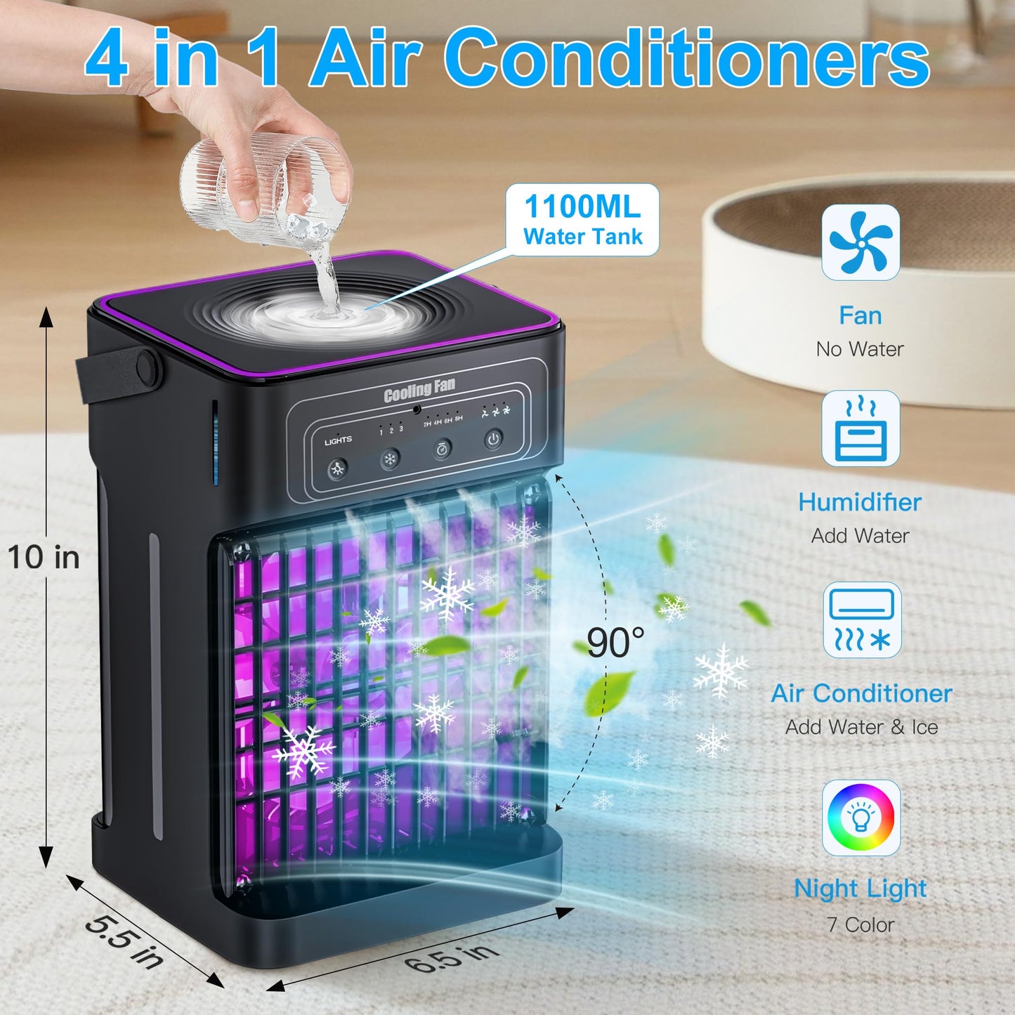 Portable Air Conditioners, 2025 Upgraded 4-IN-1 Portable AC Unit with 3 Cool Mist &Speeds, 7 Night Light & 2-8H Timer Evaporative Air Cooler, Personal Mini Air Conditioner for Bedroom, Camping, Office