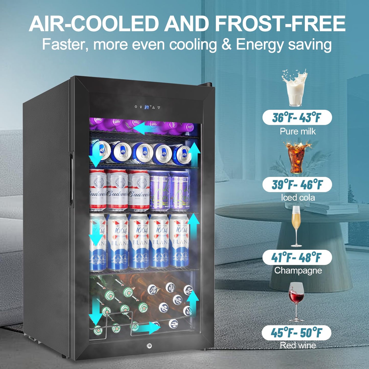 Beverage Refrigerator Cooler, 128 Cans 3.2 Cu.Ft Mini Fridge Glass Door for Drink Beer Soda Wine, Small Fridge with 4 Adjustable Removable Shelves for Kitchen, Bedroom, Office, Bar, Gaming Room, Black