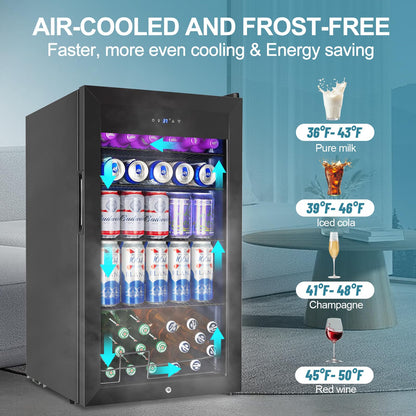 Beverage Refrigerator Cooler, 128 Cans 3.2 Cu.Ft Mini Fridge Glass Door for Drink Beer Soda Wine, Small Fridge with 4 Adjustable Removable Shelves for Kitchen, Bedroom, Office, Bar, Gaming Room, Black