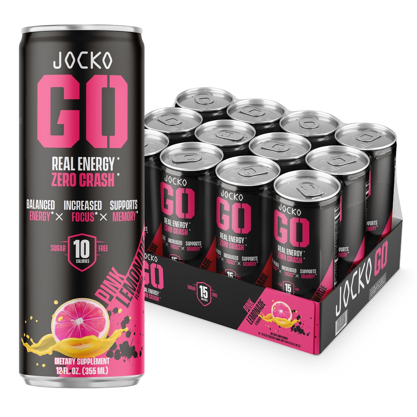 Jocko GO Energy Drink - KETO, Vitamin B12, Vitamin B6, Electrolytes, L Theanine, Magnesium- All Natural Energy Boost, Sugar Free Nootropic Monk Fruit Blend - 12 Pack (Pink Lemonade)