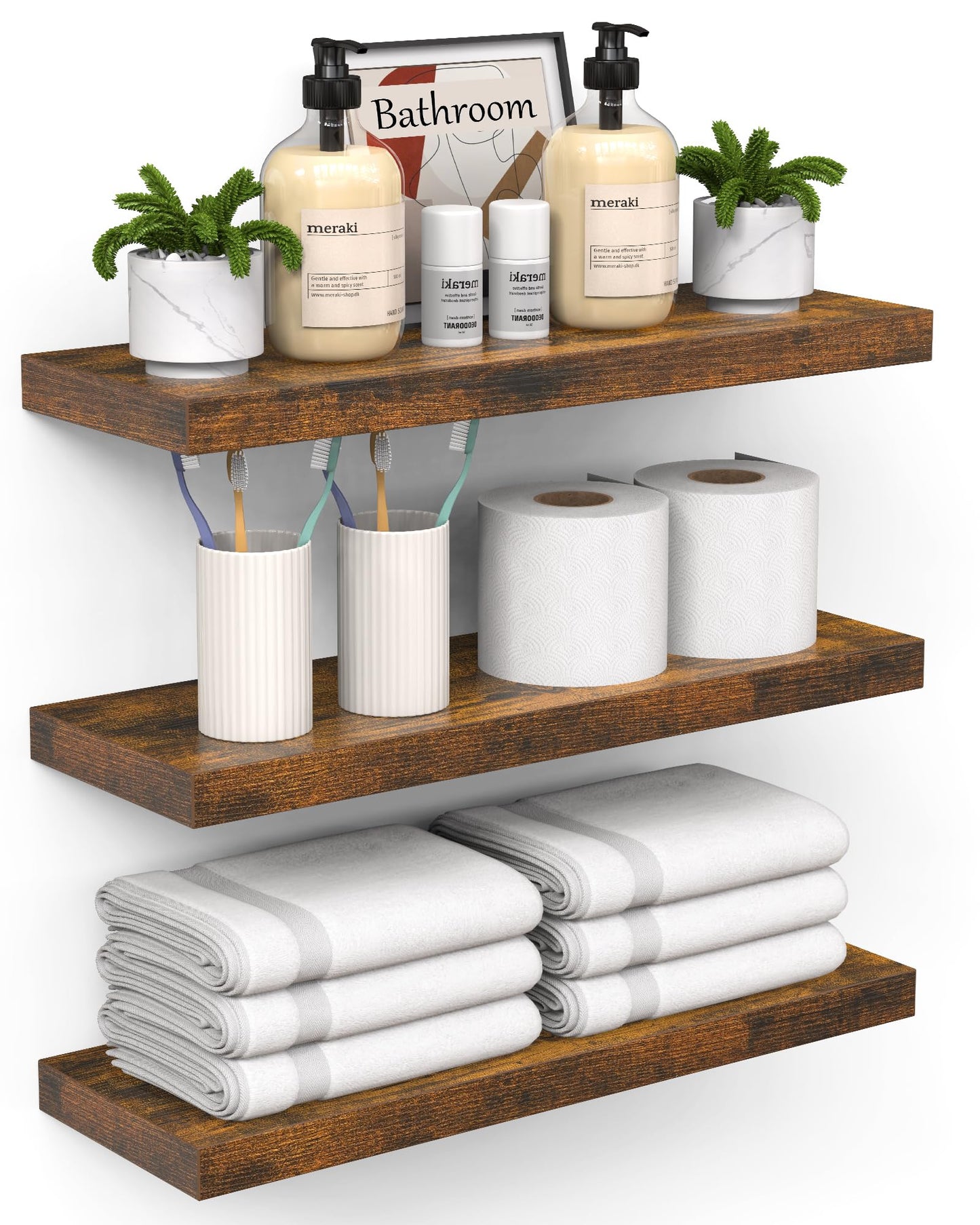 BAYKA Bathroom Floating Shelves for Wall – Bathroom Shelf Over Toilet Farmhouse Rustic Wood for Bedroom, Kitchen, or Living Room Decor – Rustic Brown, Set of 3, Sturdy Storage with 22lb Capacity