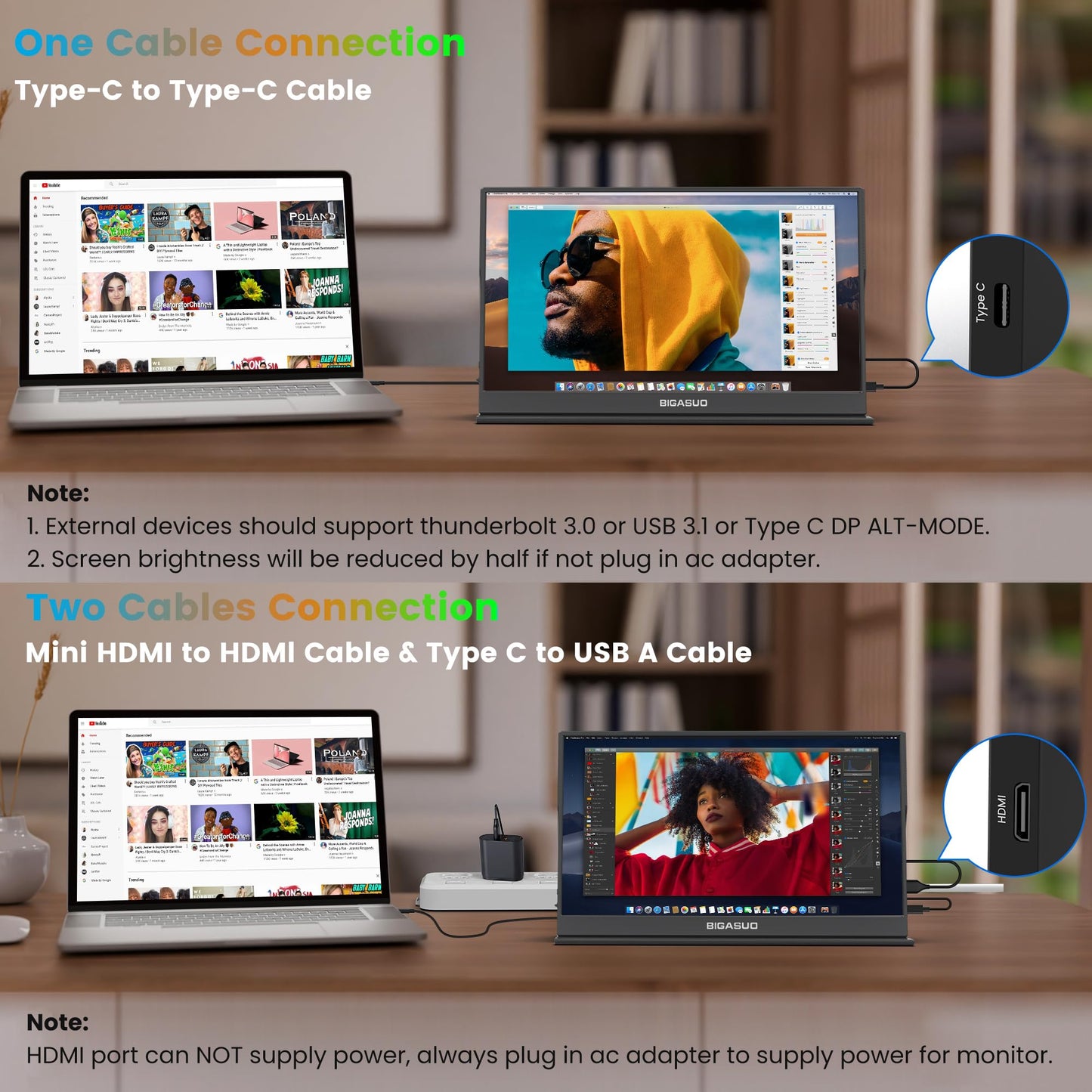 BIGASUO Portable Monitor, 15.6'' 1080P FHD Portable Monitor for Laptop, USB-C HDMI Computer Display HDR, Ultra-Slim IPS Gaming Monitor with Smart Cover for Laptop, PC, Phone, Mac, Xbox, PS4/5, Switch