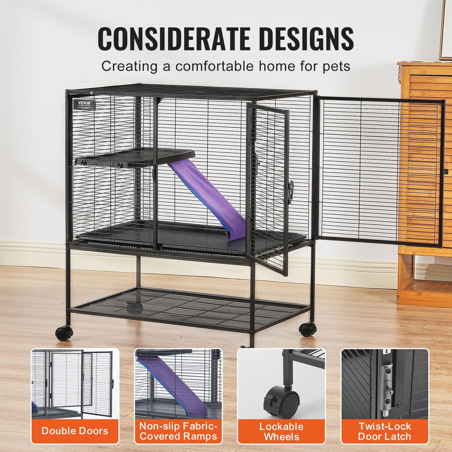 VEVOR 34" Rolling Metal Ferret Cage, Large 2-Tier Critter Nation Cage, Small Animal Cage with Ramps & Tray, Easy to Set up for Pet Mice, Hamster, Guinea Pig, Chinchilla, Squirrel, Hedgehogs, Bunny