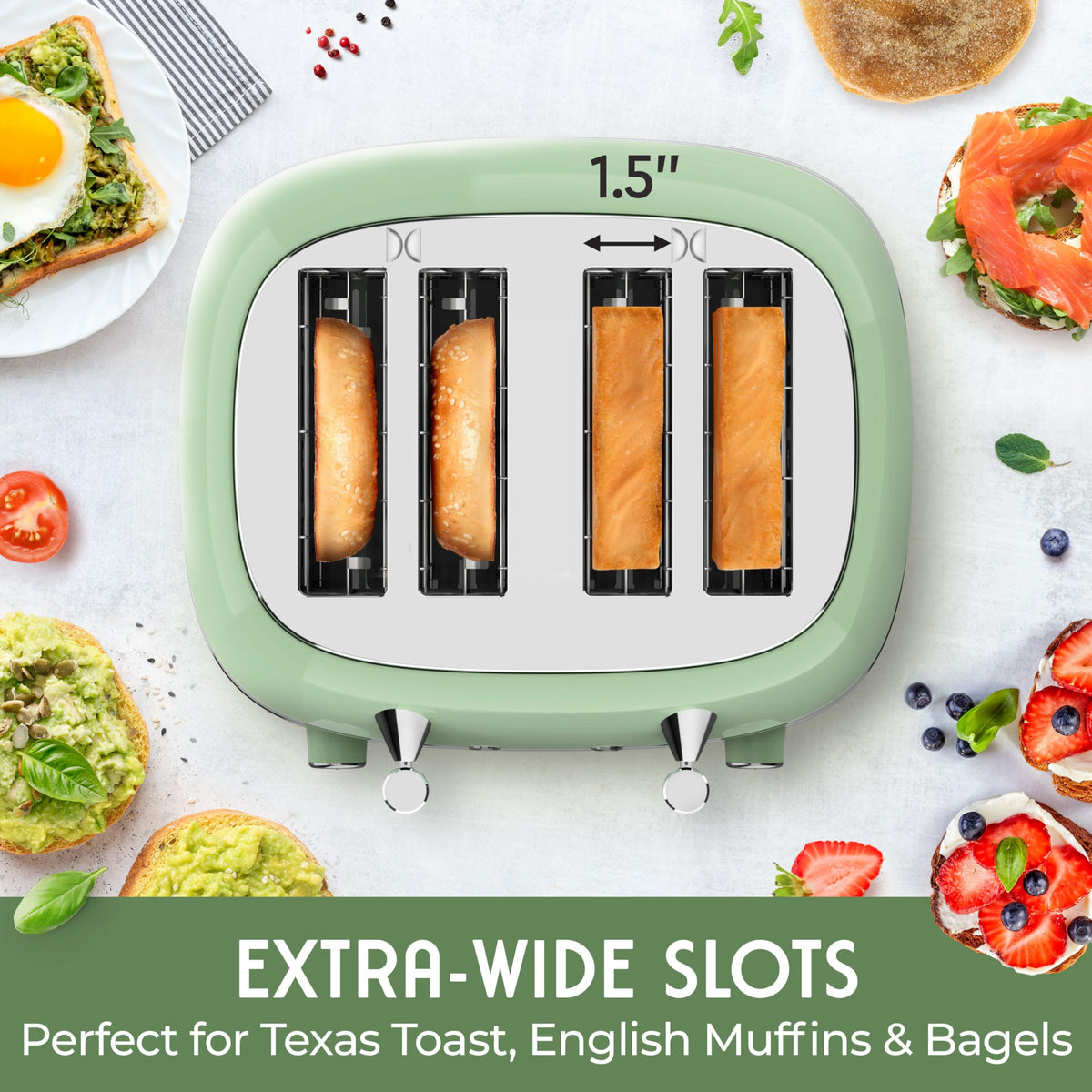 Mueller Retro Toaster 4 Slice with Extra Wide Slots Bagel, Defrost, and Cancel Function, 6 Browning Levels, Dual Independent Controls, Removable Crumb Tray and High Lift Levers, Sage Green