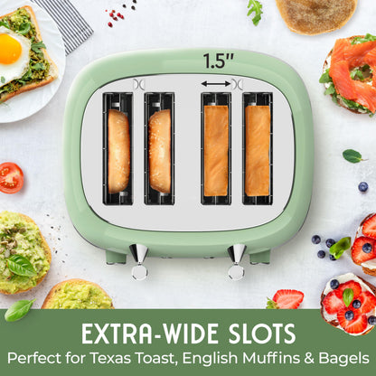Mueller Retro Toaster 4 Slice with Extra Wide Slots Bagel, Defrost, and Cancel Function, 6 Browning Levels, Dual Independent Controls, Removable Crumb Tray and High Lift Levers, Sage Green