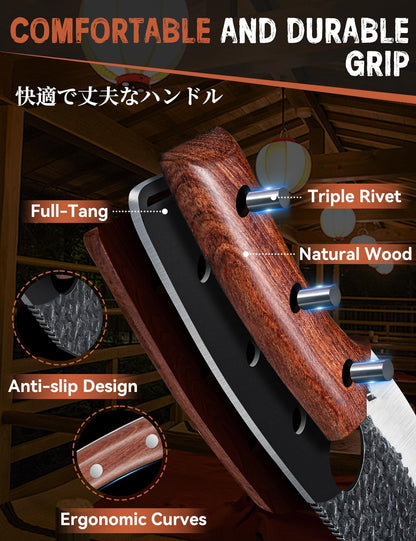 Huusk Viking Knife Set of 3, Japanese Butcher Knife Set for Meat Cutting, Hand Forged Boning Knives with Wood Handle, Japanese High Carbon Steel, for Camping, Outdoor, BBQ, Christmas Gifts for Men