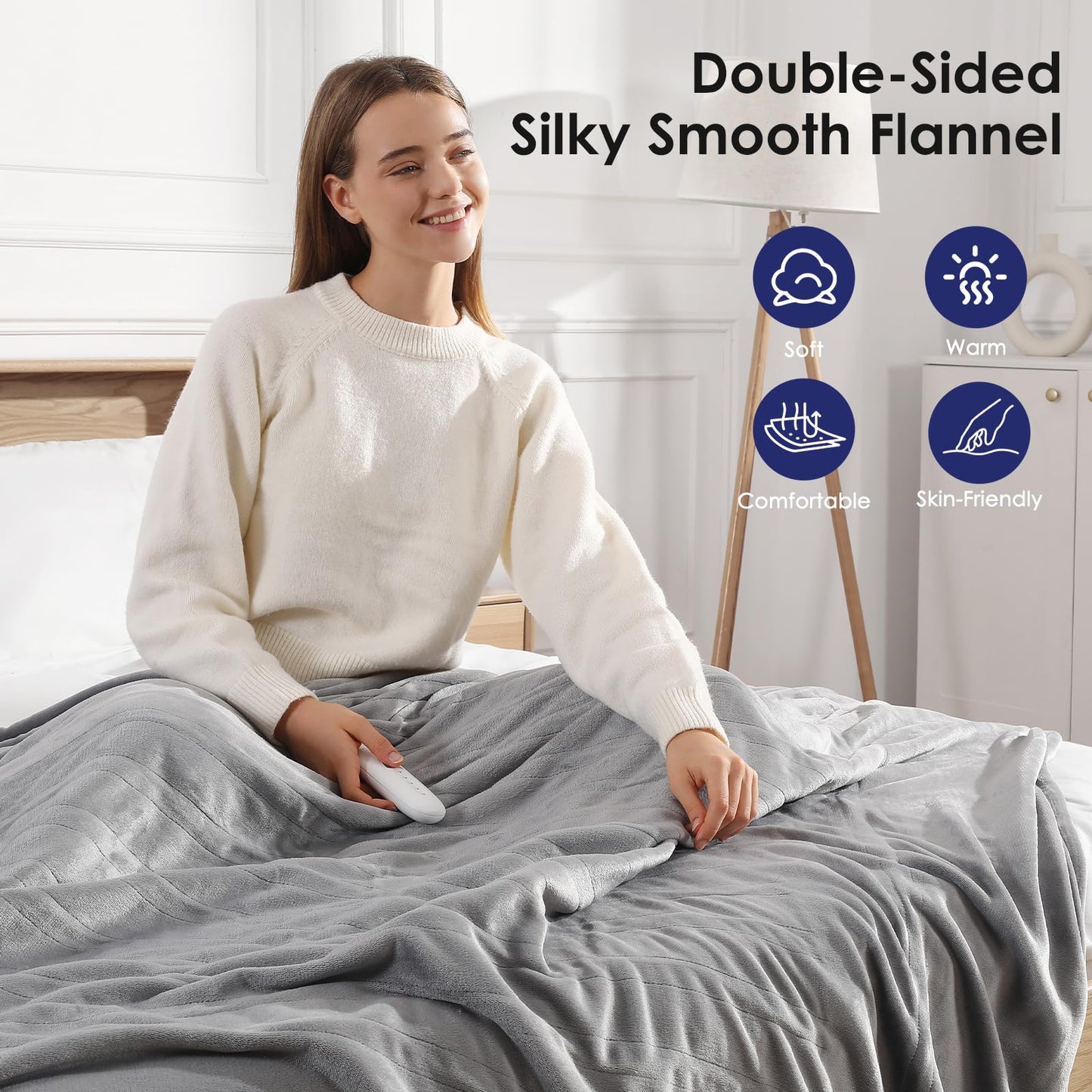 Heated Blanket Queen Size Electric Blanket 84''X90'' - Soft Plush Premium Flannel with Dual Controllers, 5 Heating Level & 10 Hour Auto Off, ETL & FCC Certified, Warm Gifts for Grandma, Grey