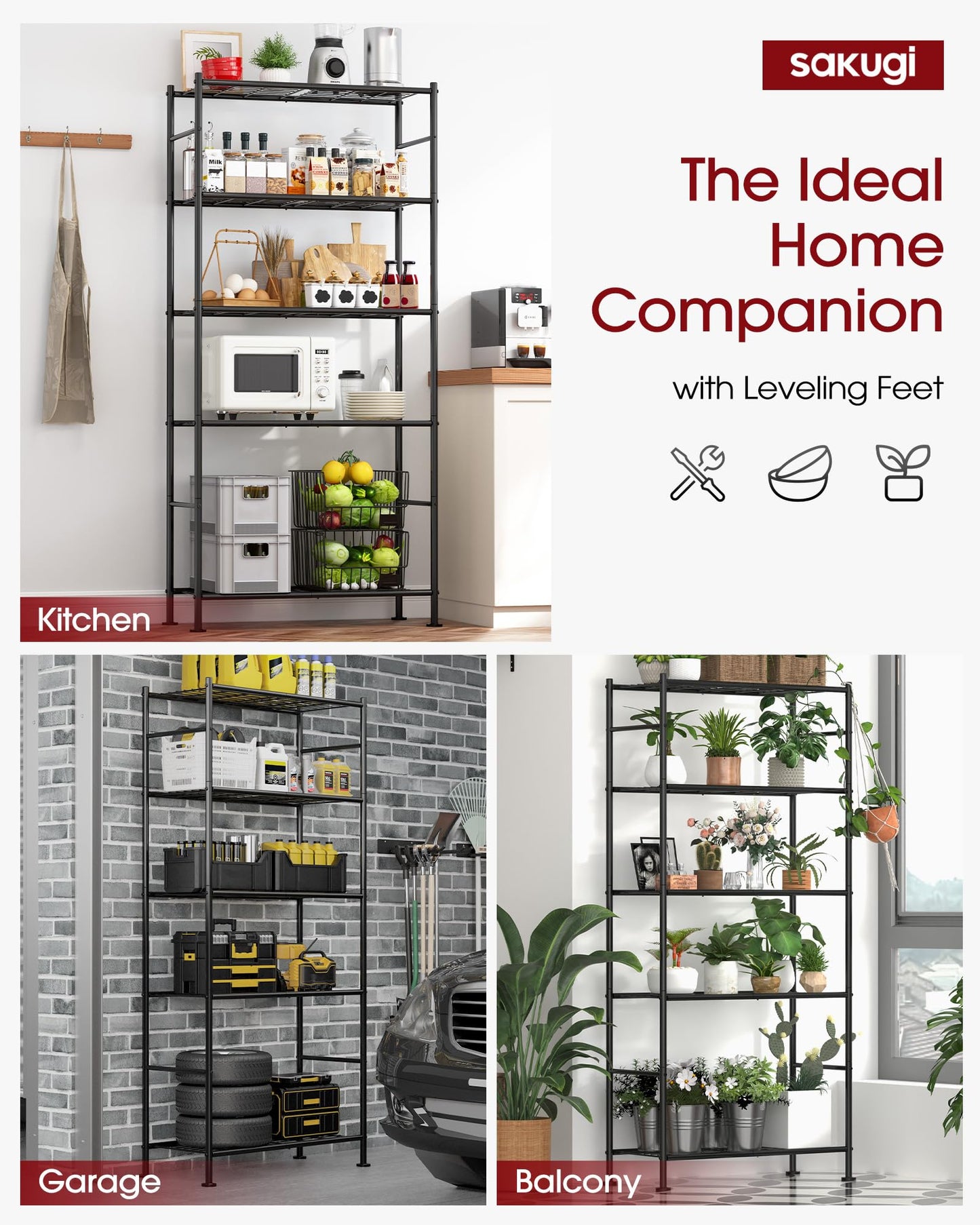 Sakugi Storage Shelves Organizer - 5 Tier Metal Shelf Organizer with Metal Wheels and Adjustable Leveling Feet, Heavy Duty Garage Shelving for Kitchen, Pantry and Closet, 33.1"x12.6"x73.5", Black