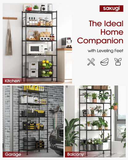 Sakugi Storage Shelves Organizer - 5 Tier Metal Shelf Organizer with Metal Wheels and Adjustable Leveling Feet, Heavy Duty Garage Shelving for Kitchen, Pantry and Closet, 33.1"x12.6"x73.5", Black