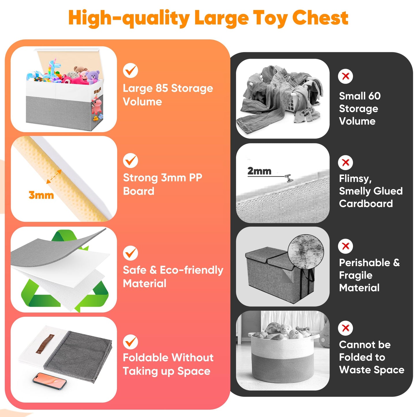 Mabahoo Large Toy Box, Collapsible Sturdy Storage Chest With Lids, Kids Toy Chest Storage Organizer Toddler Bin Boxes for Living Room, Bedroom, Nursery, 25"x13"x16", White & Gray