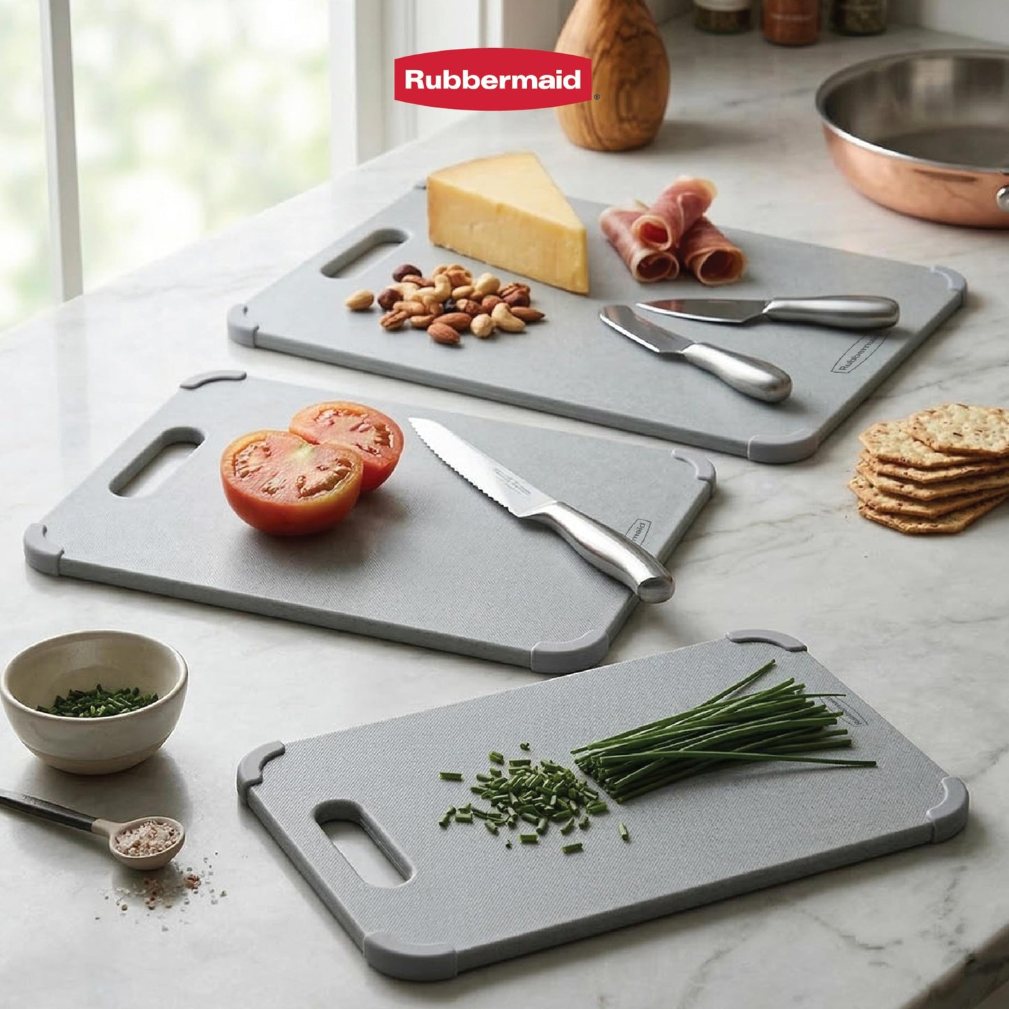 Rubbermaid 3pc Reversible Wheat Fiber Cutting Board Set | BPA Free Cutting Boards for Kitchen – Dishwasher Safe, Non-Slip Corners & Lightweight | Large Cutting Board for Meat, Veggies & Fruits