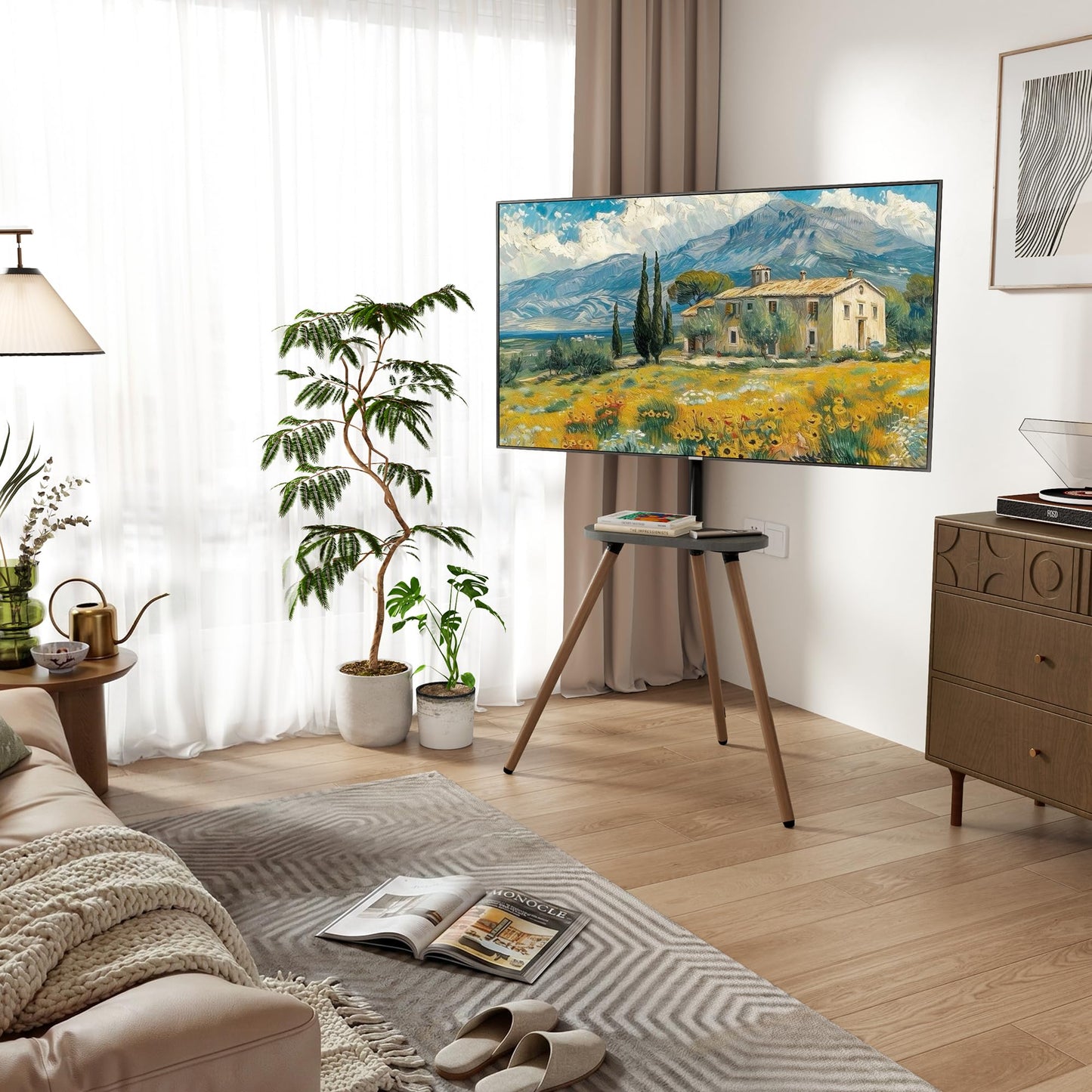 ECOTINY Tripod Easel TV Stand for 43 to 65 Inch LCD LED OLED Screen, Height Adjustable and Swievel TV Stand, Portable Corner TV Floor Stand with Wooden Tray, VESA 400x400mm, Minimalist Black Walnut