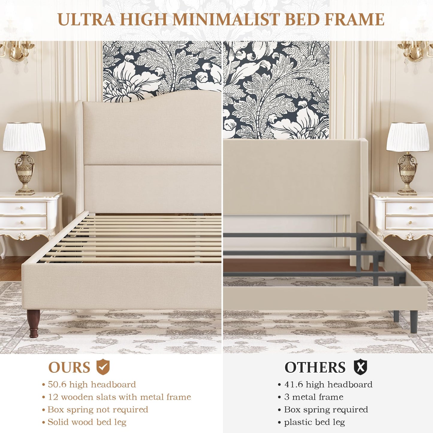 koorlian King Size Bed Frame Upholstered Platform Bed with 51" Tall Headboard Wingback, Soft Fabric, Retro Simple Style Platform Bed No Box Spring Needed, Easy Assembly, Beige