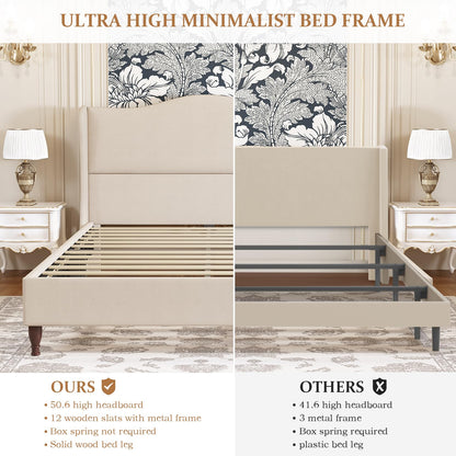 koorlian King Size Bed Frame Upholstered Platform Bed with 51" Tall Headboard Wingback, Soft Fabric, Retro Simple Style Platform Bed No Box Spring Needed, Easy Assembly, Beige
