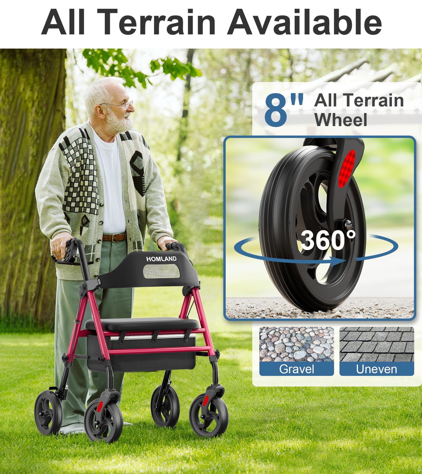 HOMLAND Foldable Rollator Walkers with Seat for Seniors, 8'' Big Wheels, 350 lb. Weight Capacity, Adjustable Handles and Seat Height, Lightweight Rolling Walker, Red