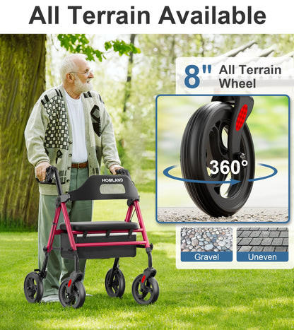 HOMLAND Foldable Rollator Walkers with Seat for Seniors, 8'' Big Wheels, 350 lb. Weight Capacity, Adjustable Handles and Seat Height, Lightweight Rolling Walker, Red
