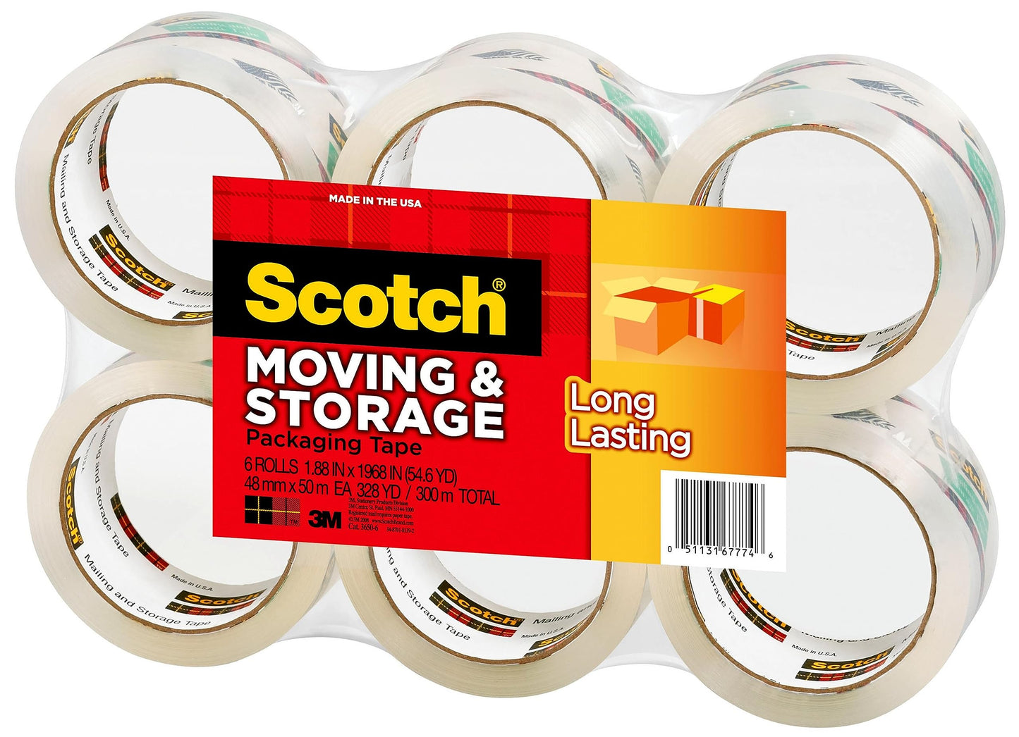 Scotch Long Lasting Storage Packaging Tape, 1.88" x 54.6 yd, Designed for Storage and Packing, Stays Sealed in Weather Extremes, 3" Core, Clear, 6 Rolls (3650-6)