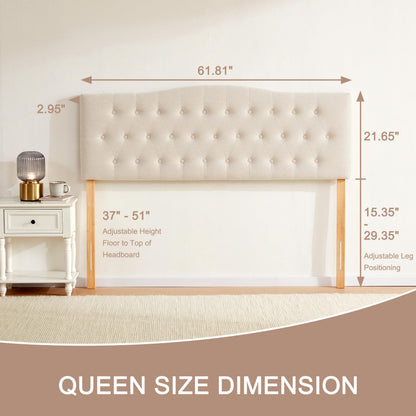 Huatean Home Tufted Upholstered Headboard Queen Size, Sturdy and Durable Solid Wood Bed headboard, Fabric Headboard Adjustable Height from 37” to 51”, Modern Button Diamond Design Head Board, Beige